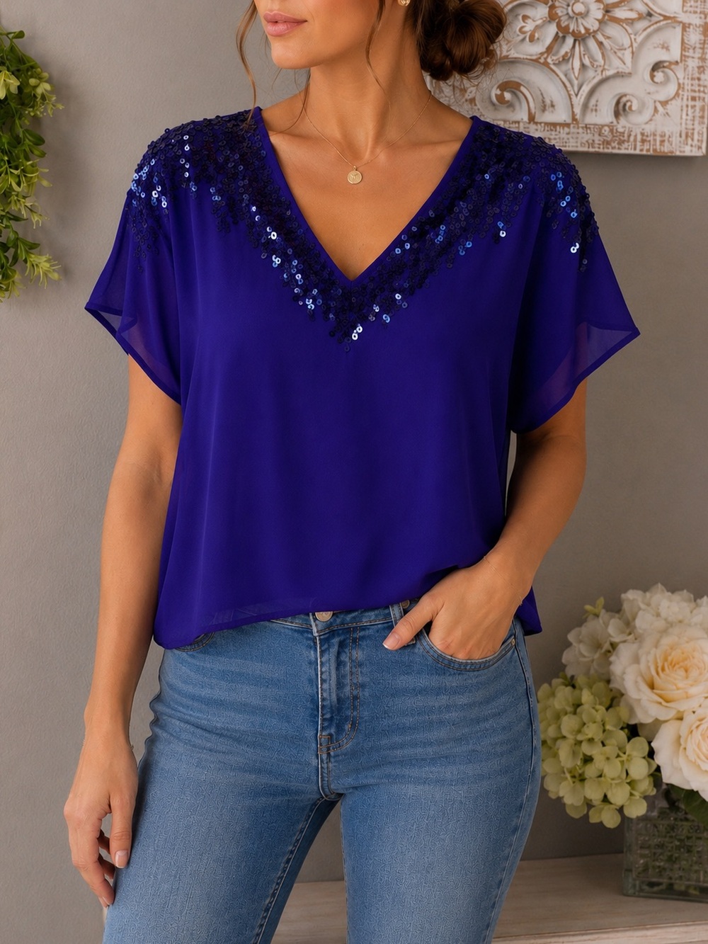 EXPRESS | Sequin Embellished Sheer Blouse XS